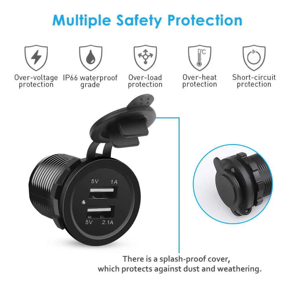 Dual USB 5V 3.1A 12V Car Charger with LED Panel Waterproof Power Adapter Socket Outlet for Vehicle Boat Truck Motorcycle