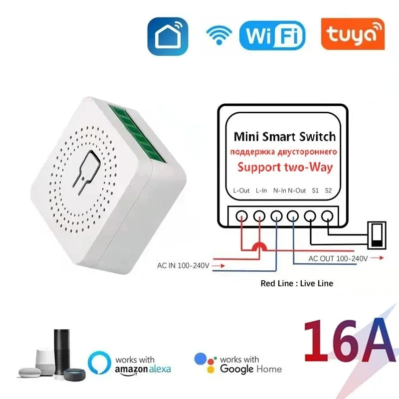 16A Wifi Mini Smart Switch DIY Light Switch 2 Way Wireless Control Smart Home with Tuya Smart Life Alexa Alice Google Home