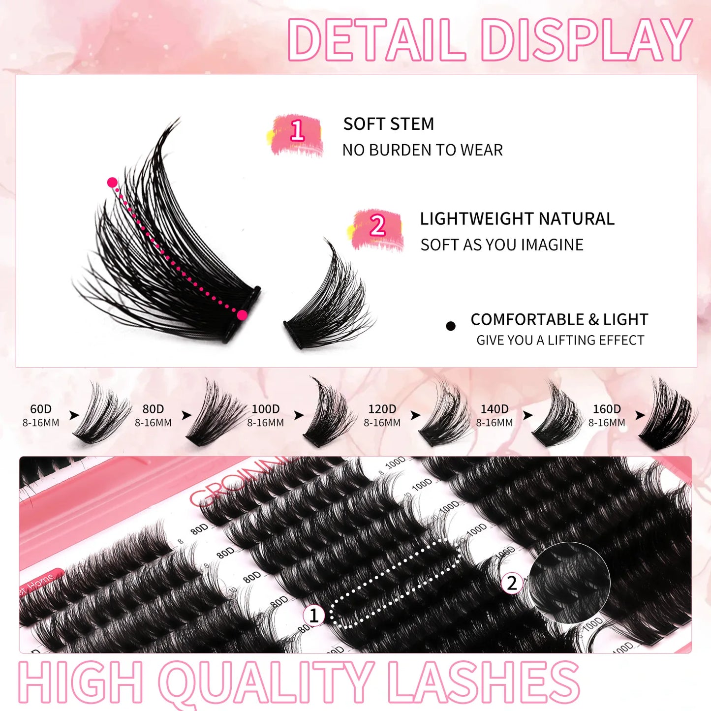GROINNEYA Lashes Cluster DIY Lash Extension Mixed Tray Clusters Eyelashes Fluffy Volume Individual Lashes Cat Eye Lash Extension