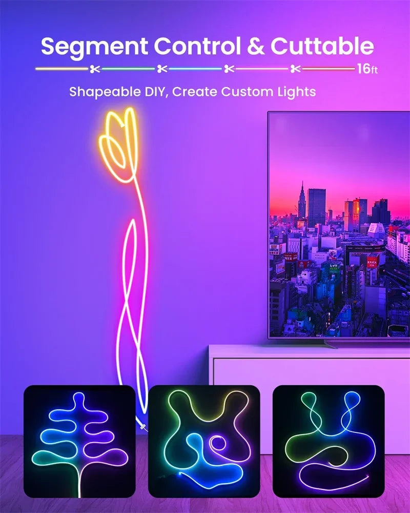 TUYA RGBIC Neon LED Strip 5m/16.4ft 5V Flexible LED Tape Strip Addressable Neon Rope Light USB Dreamcolor Neon Strip For Home