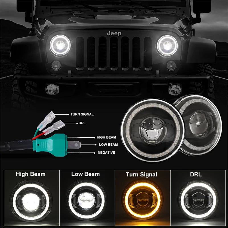 Car 7" Headlight for Land Rover Defender 90 110 Round LED Headlights DRL With Yellow Signal Light for Lada Niva 4X4 Jeep JK LJ