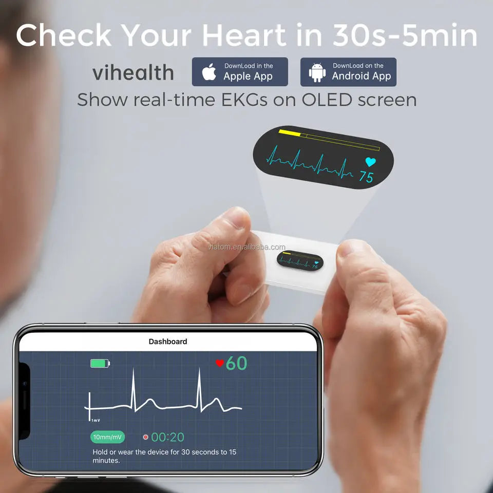 Pocket ECG Monitoring Device with OLED Screen Bluetooth EKG Monitor for Rhythm Waveform, Free APP AI Analyze with iOS/Android