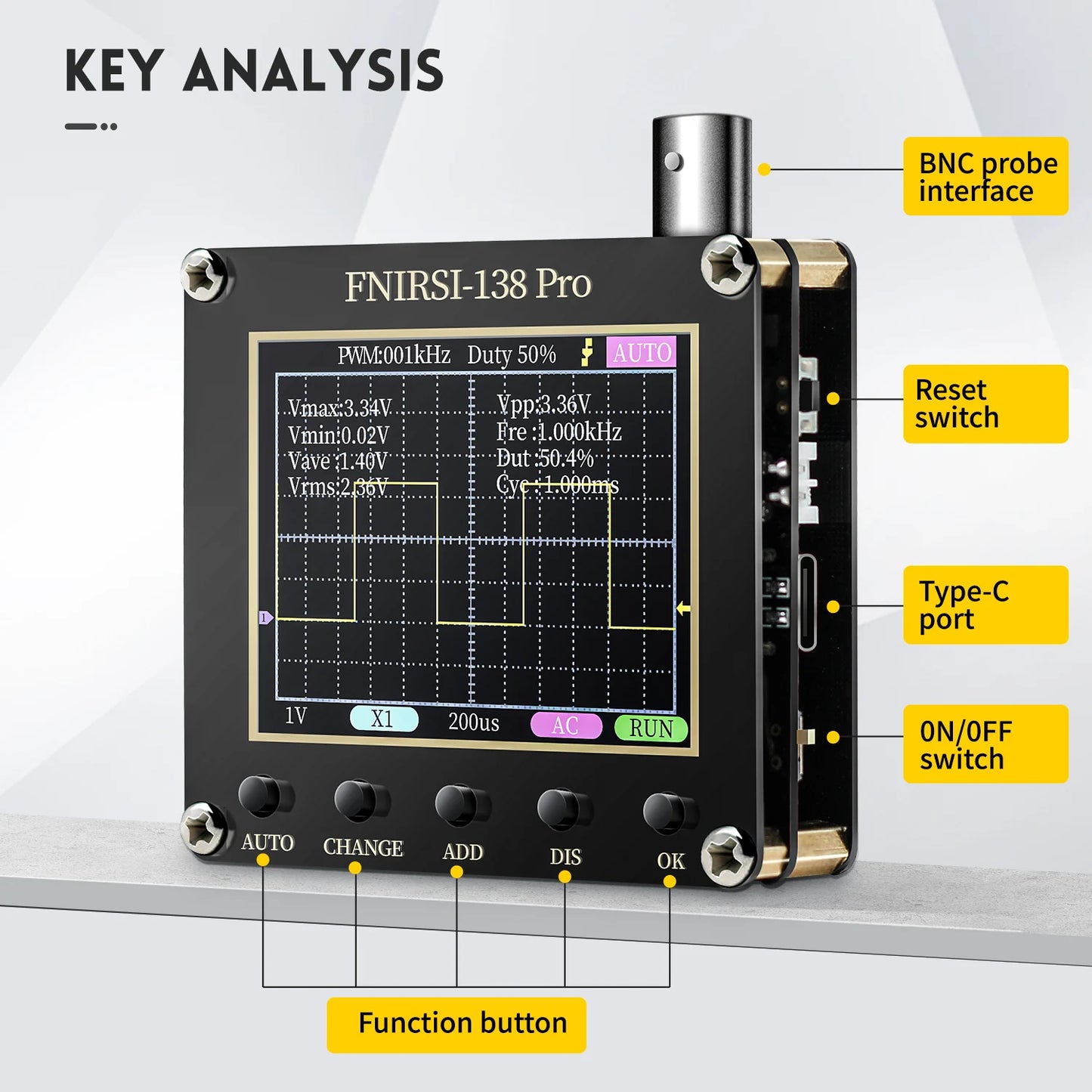 FNIRSI-138 PRO DSO152 Handheld Digital Oscilloscope 2.5MSa/s 200KHz Analog Bandwidth Support AUTO,80Khz PWM And Firmware Update