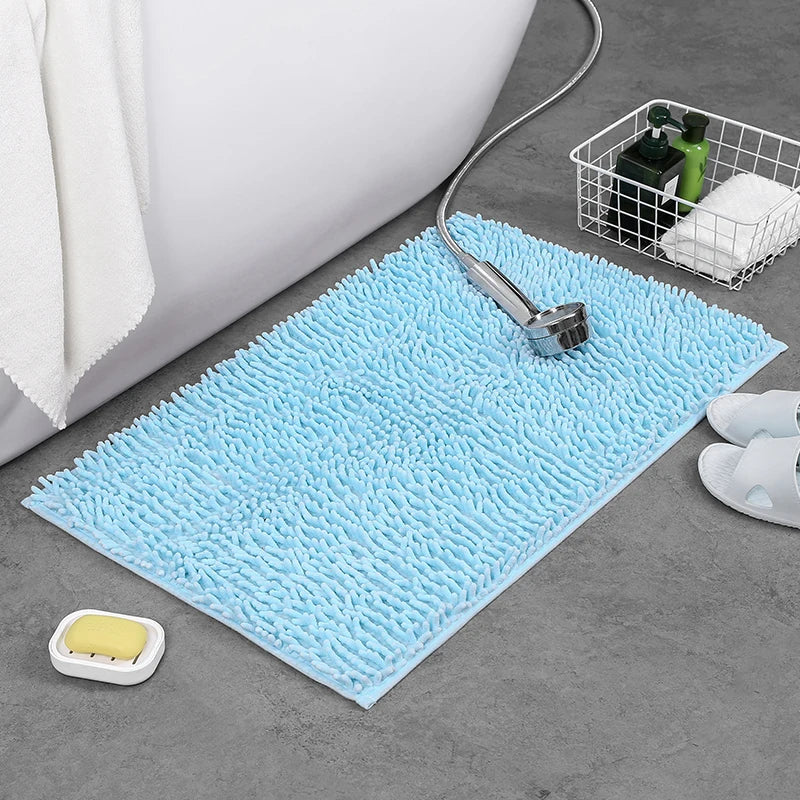 1pc 40*60cm Blue Soft and Absorbent Chenille Bath Rug - Non-Slip and Quick Dry Shower Carpet for Home Bathroom -Machine Washable