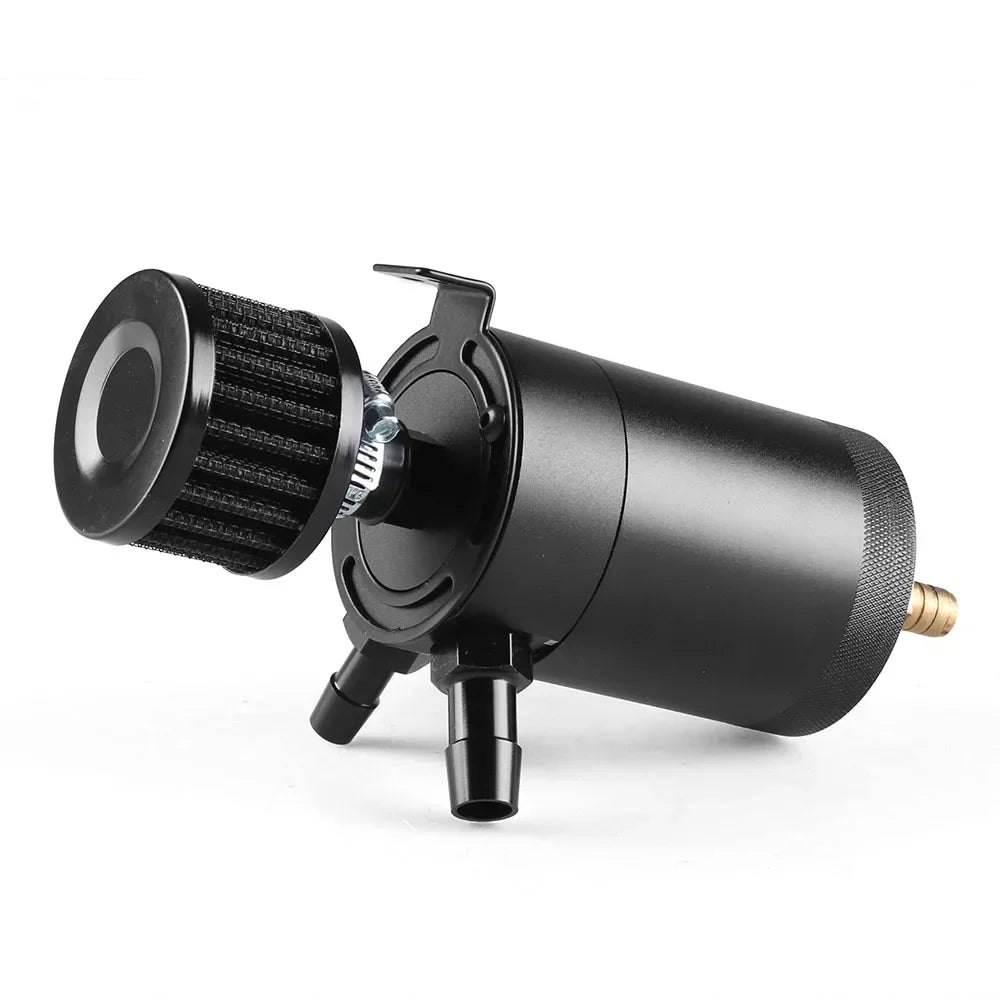Universal Racing Baffled Aluminum Oil Catch Can Tank 2-Port Reservoir with Drain Valve Breather Cylinder Filter Kit Black