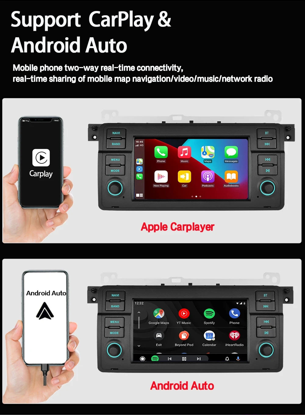Junuse Car Multimedia Player For 3 Series BMW E46 M3 318/320/325/330/335 1998-2005 7" Android 13 GPS Radio CarPlay Navigation