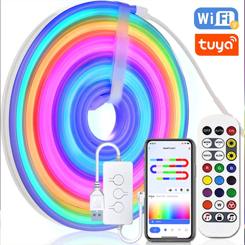 TUYA RGBIC Neon LED Strip 5m/16.4ft 5V Flexible LED Tape Strip Addressable Neon Rope Light USB Dreamcolor Neon Strip For Home