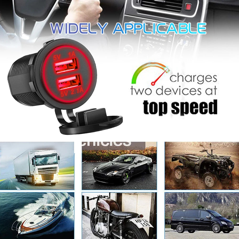 Dual USB 5V 3.1A 12V Car Charger with LED Panel Waterproof Power Adapter Socket Outlet for Vehicle Boat Truck Motorcycle