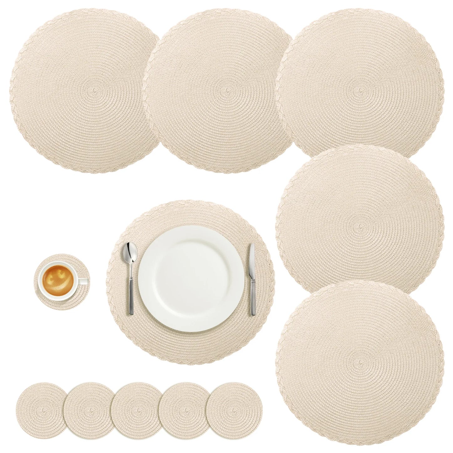 Set of 12 Round Braided Table Mat Washable Placemats Non Slip Heat Resistant for Kitchen Dining Tables Pad With Cup Coasters