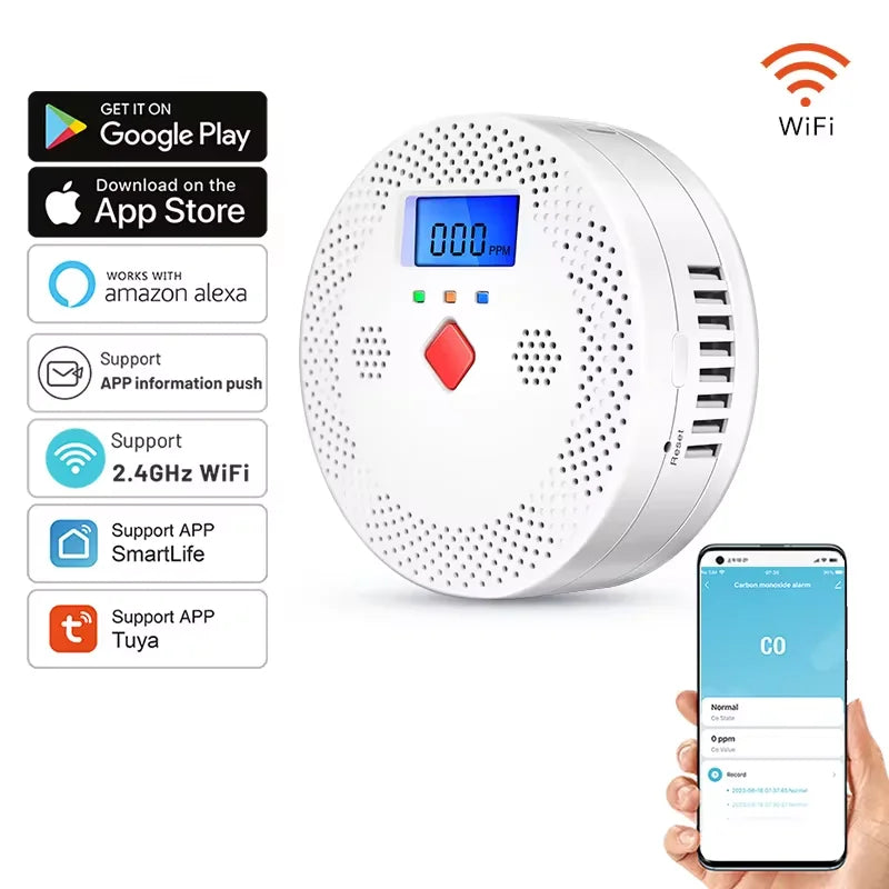 Tuya WiFi Smart Carbon Monoxide Detector Alarm 85dB Sound Warning LCD Digital Display Home Indoor Real-Time CO Monitor Poisoning