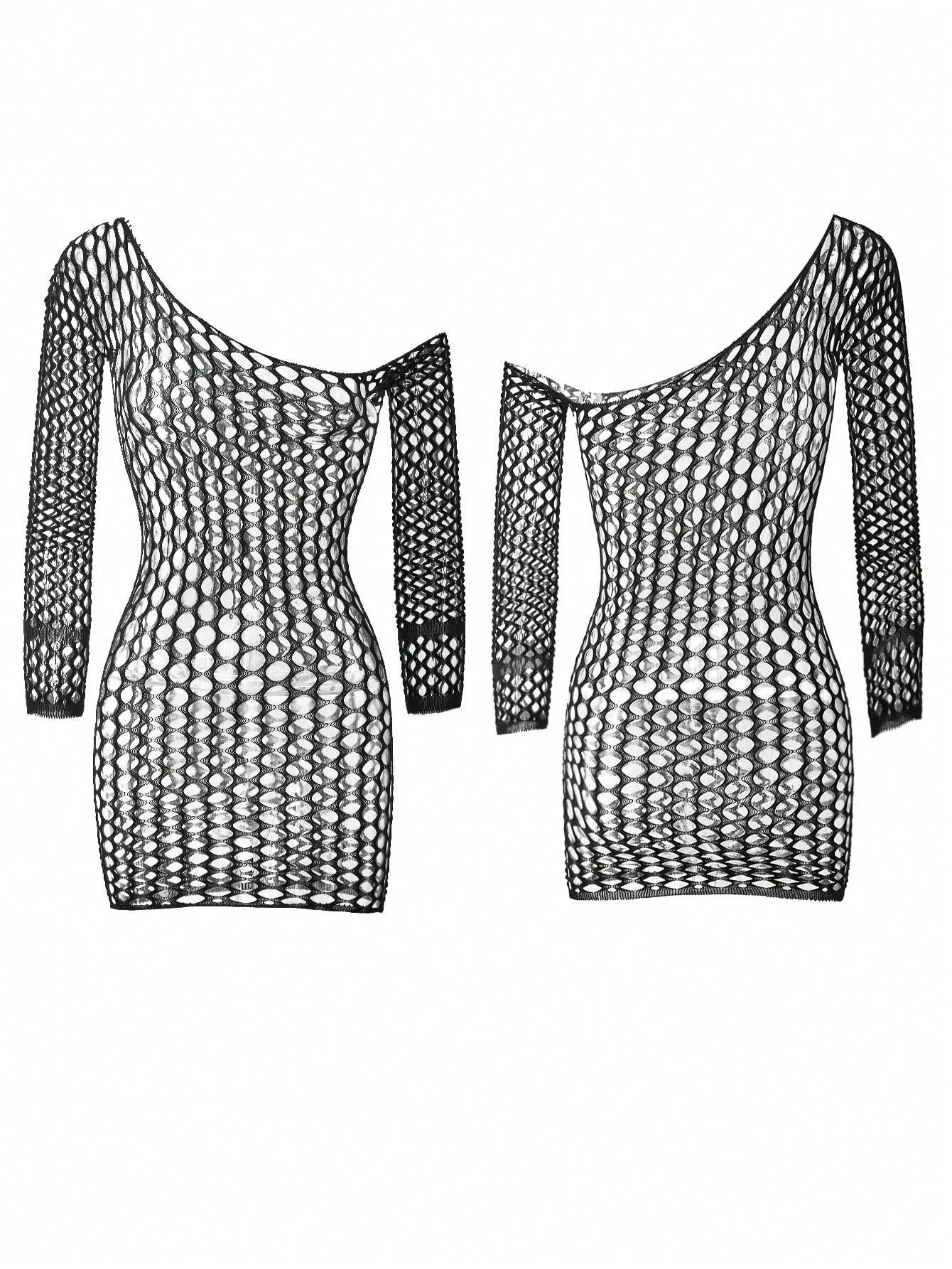 Women Fishnet Mini Sexy Dress Mesh Hollow Out Perspective Bodycon Underwear Dress Erotic Costume Crotchless Lingerie Sex Clothes