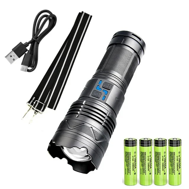 LED Tactical Flashlight Super Bright Spotlight Power Display Long Range Zoomable Torch Outdoor Emergency Tactical Search Lantern