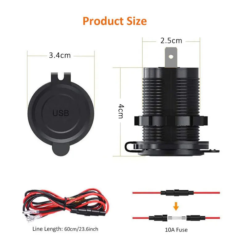 Dual USB Car Charger Waterproof 12V/24V QC3.0 USB Fast Charger Socket Power Outlet with Touch Switch