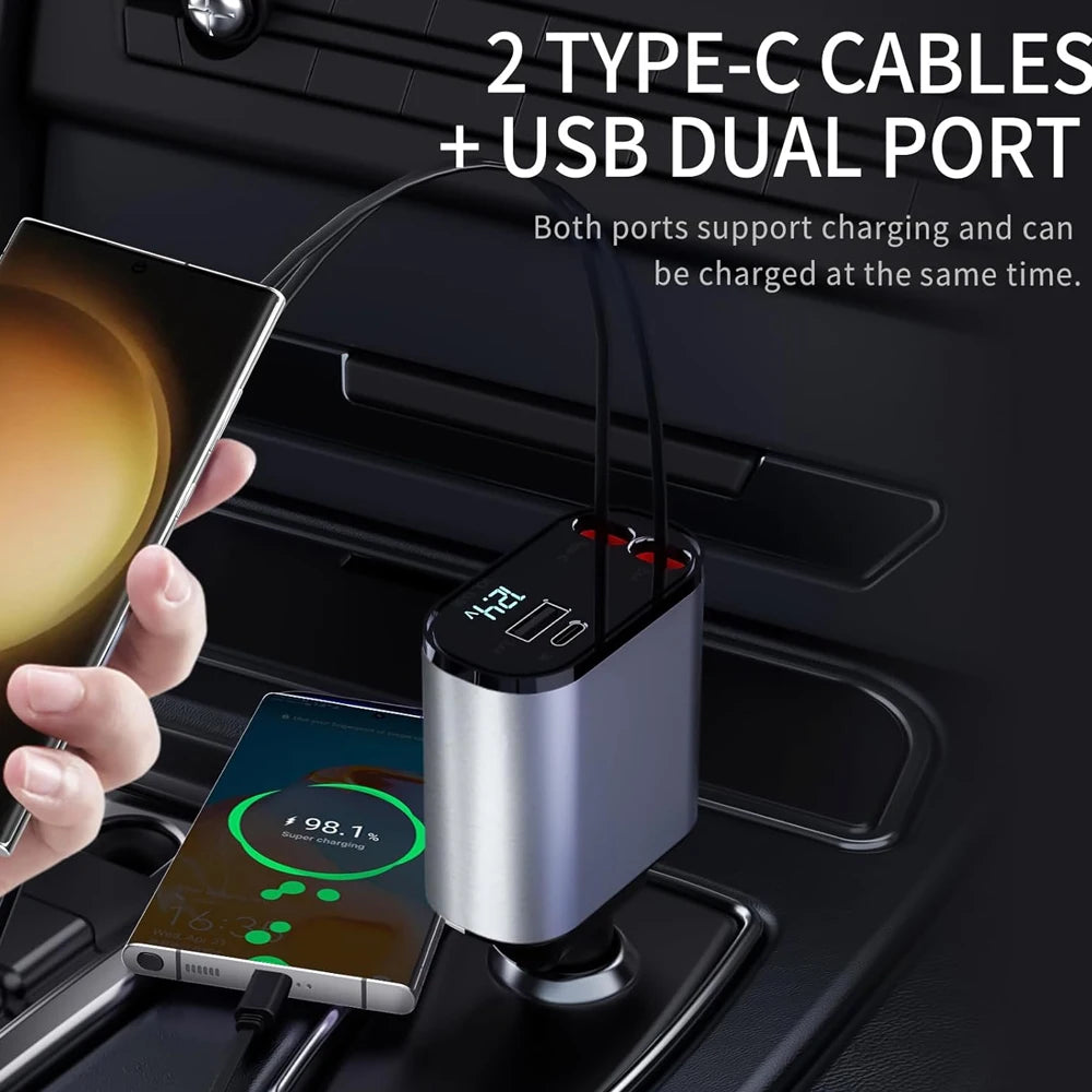 4 IN 1 Car Charger Fast Charging USB Type C 100W LED Car Phone Charger Retractable Cable Adapter For iphone Samsung HuaweI