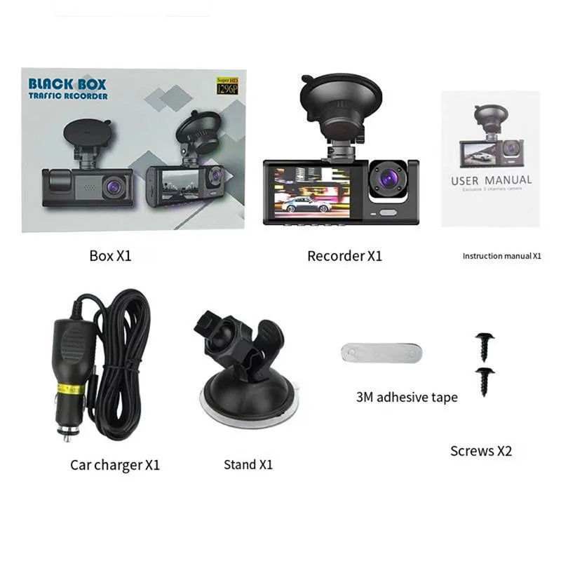 3 lens driving recorder, can shoot in front of the car, behind the car, inside the car, wide Angle camera, 1080p high-definition