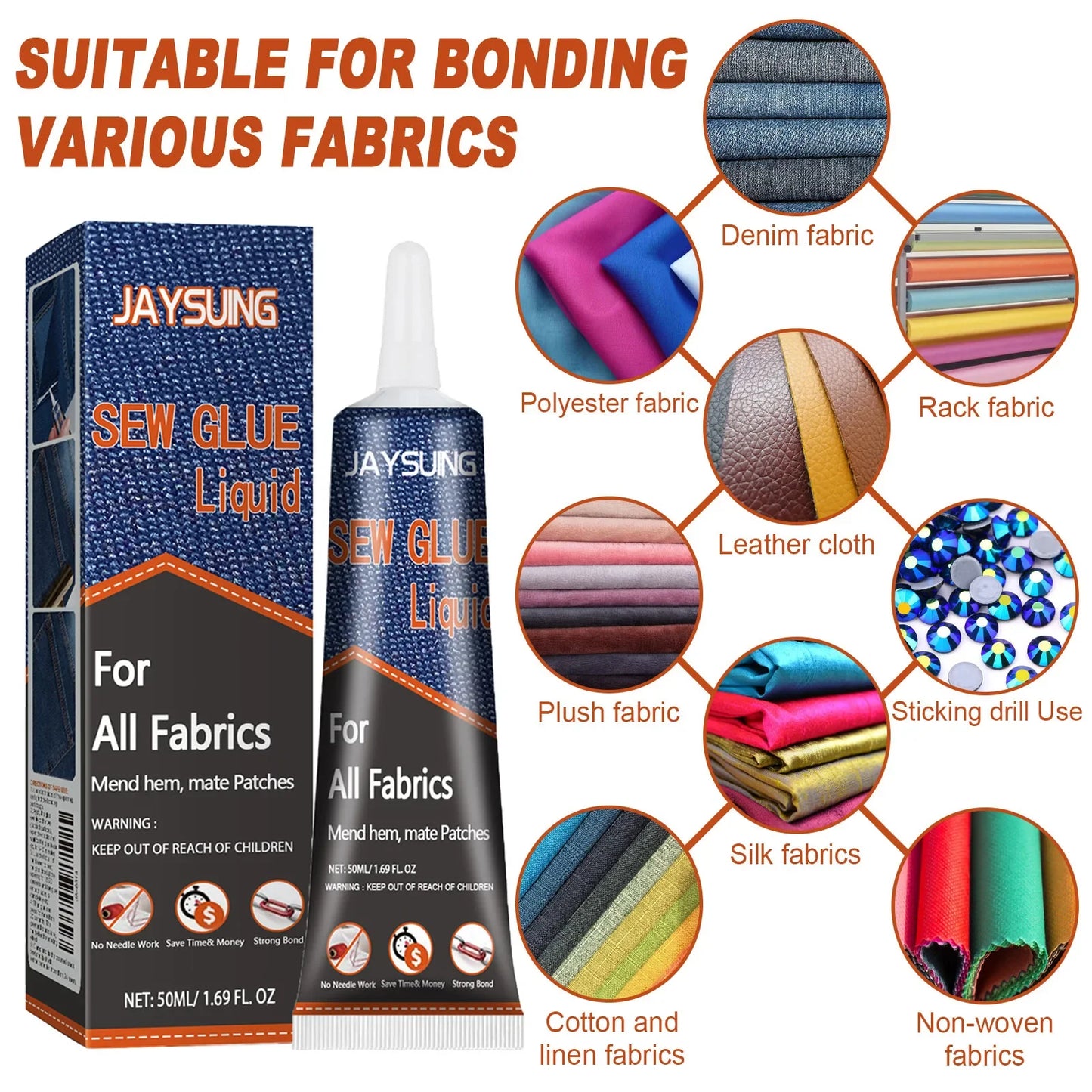 50ml/100ml Liquid Sew Glue Quick Dry Fabric Stitch Adhesive Versatile Fabric Patching Glue Waterproof for Clothing Textiles