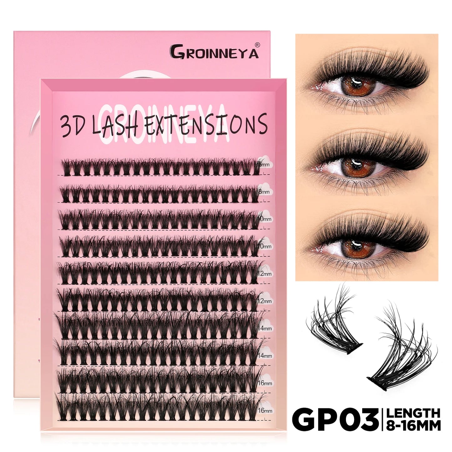 GROINNEYA Lashes Cluster DIY Lash Extension Mixed Tray Clusters Eyelashes Fluffy Volume Individual Lashes Cat Eye Lash Extension