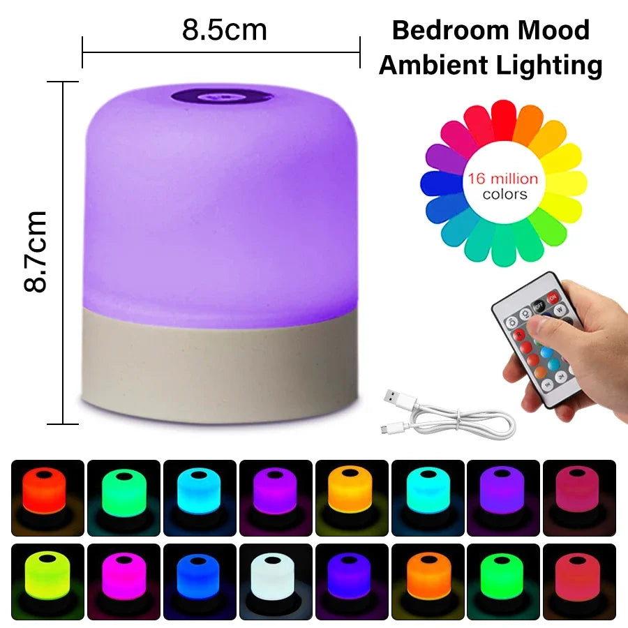 Touch Bedside Lamp Rechargeable RGB Night Light Remote Control Long Life Battery Bedroom LED Warm Desktop Decorative Lights