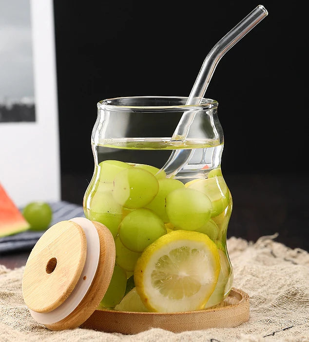 1/2pcs 500ml Glass Tumblers Cups With Straw Mason Jar Clear Juice Coffee Milk Cup With Bamboo Lids Drinkware Stripe Beer Mug