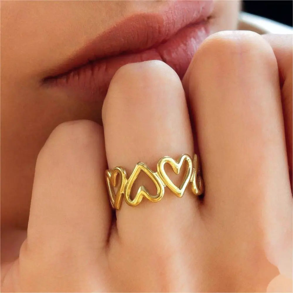 1/3PCS Adjustable Full Circle Hollow Heart-Shaped Open Cuff Ring Stainless Steel Jewelry Irregular Stackable Rings For Women