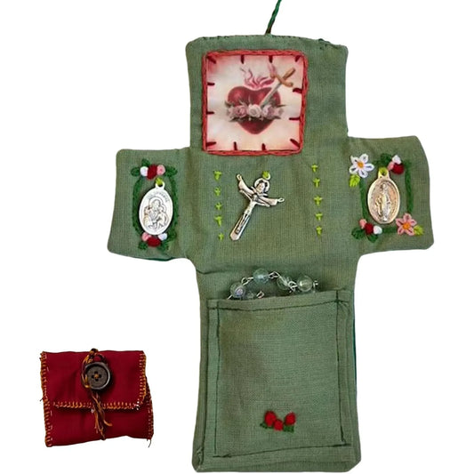 Pocket Shrine with Silver Cross Included Inside,  Mini Prayer Quilt with Cross Inside, Encouragement Christian Spiritual Gifts