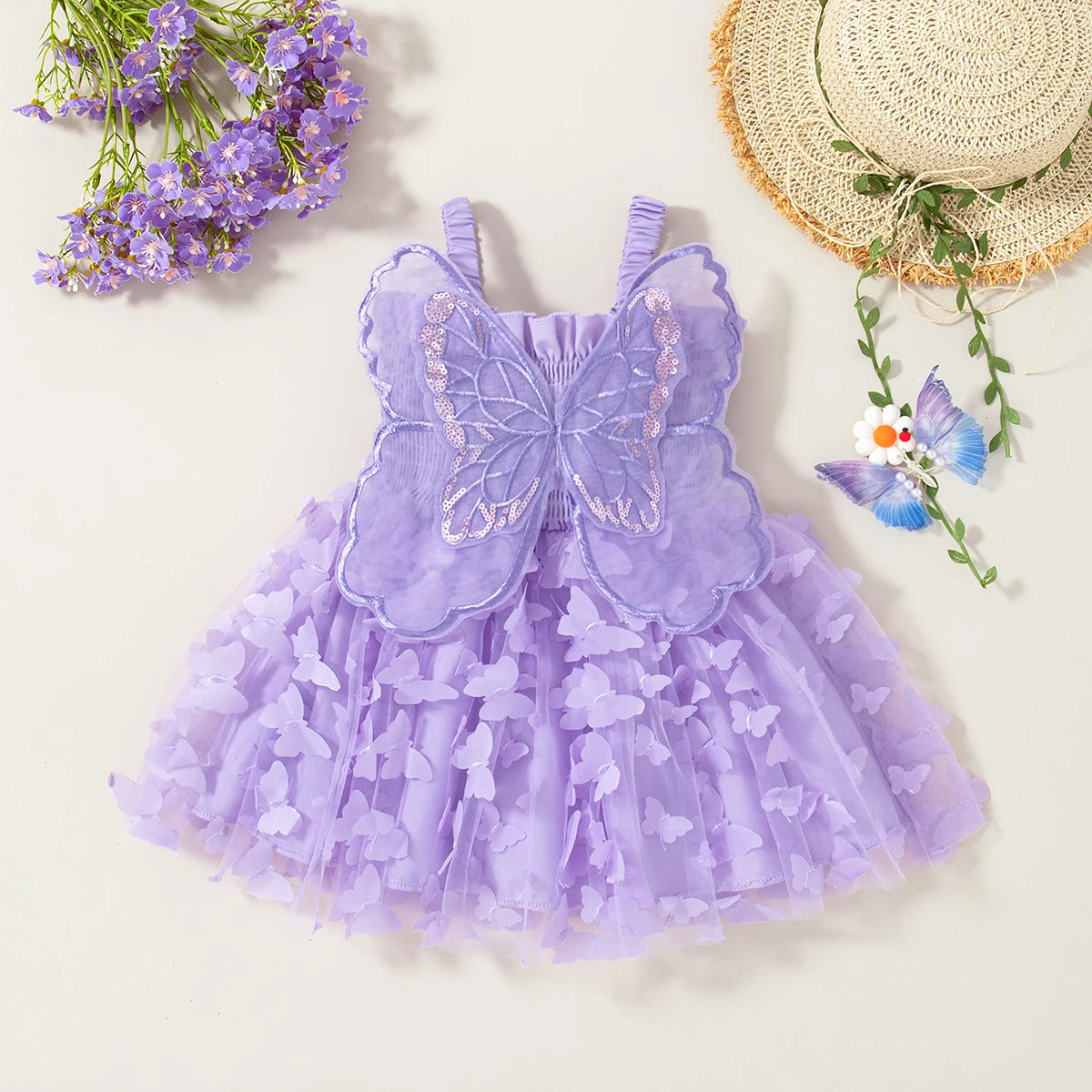 Summer New Baby Girl Suspender Dress Solid Color Butterfly Wing Gauze Dress Children's Birthday Party Dress