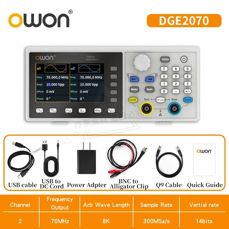 Owon 2-Ch function arbitrary waveform signal generator DGE2035/2070 30/70MHz 14bits, modulation, swept frequency, pulse, storage