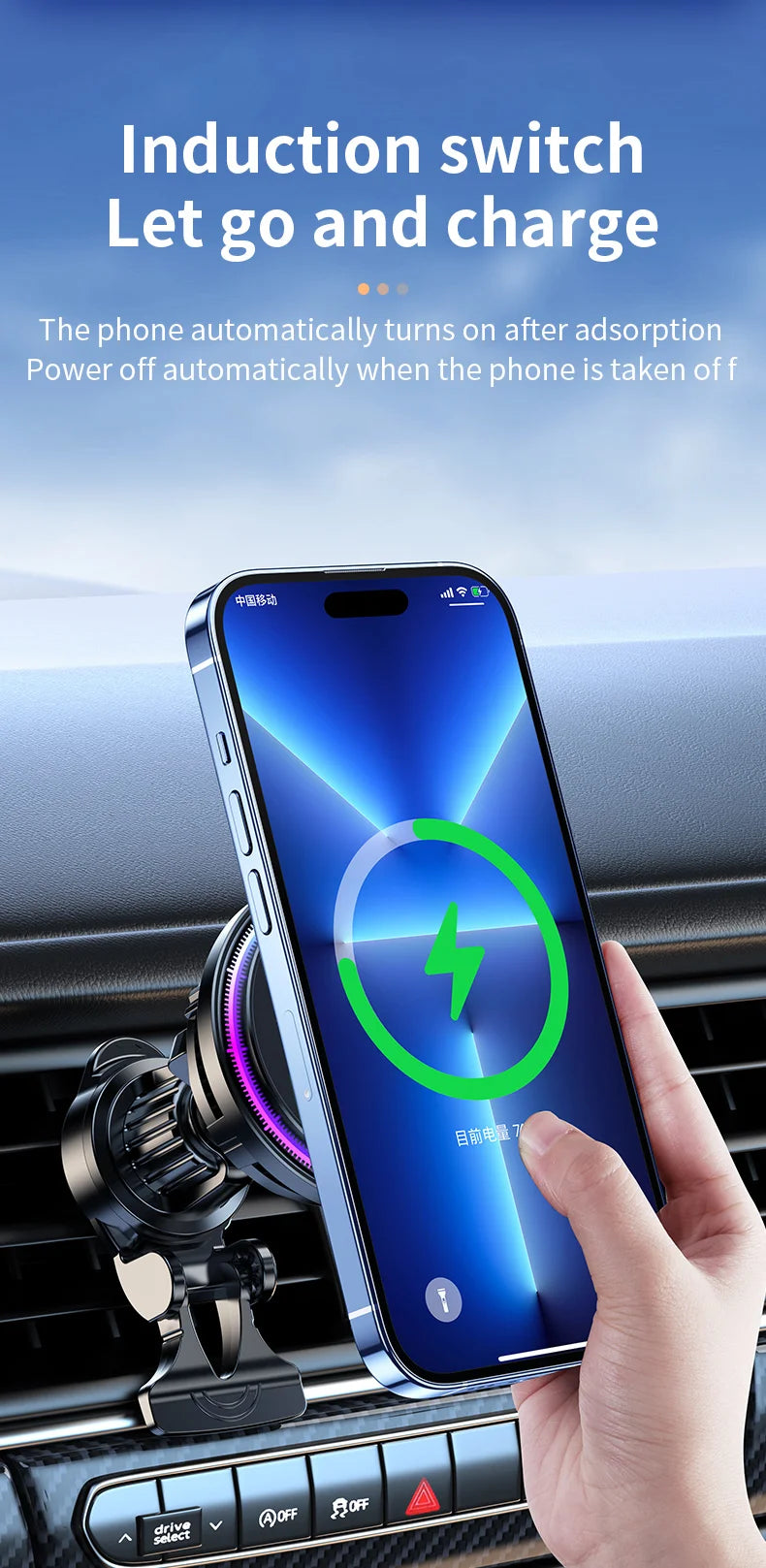 Ice Cooling RGB Magnetic Wireless Car Charger Fast Charging Station For Magsafe iPhone 16 15 14 13 12 Pro Max Phone Holder Stand