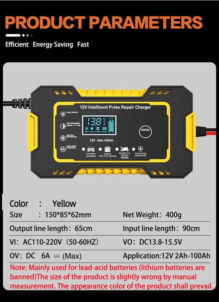 1 Set 12V6A Battery Charger Car/Motorcycle Charger Digital Display Suitable for Lead Acid Batteries EU Plug Reverse Protection