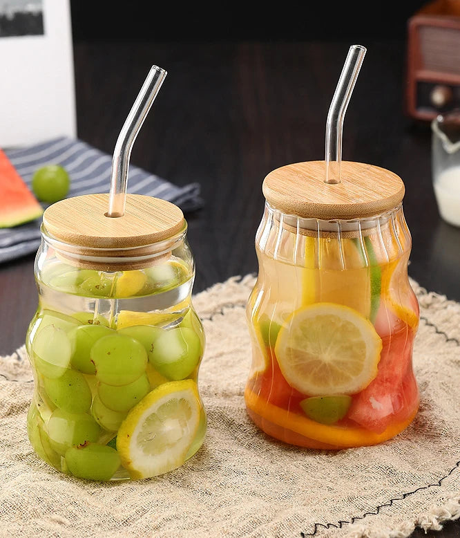 1/2pcs 500ml Glass Tumblers Cups With Straw Mason Jar Clear Juice Coffee Milk Cup With Bamboo Lids Drinkware Stripe Beer Mug