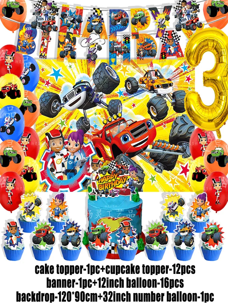 Blaze Monster Machines Theme Birthday Party Supplies Decor Cartoon Truck Balloon Banner Backdrops Cupcake Topper for Kids Gifts