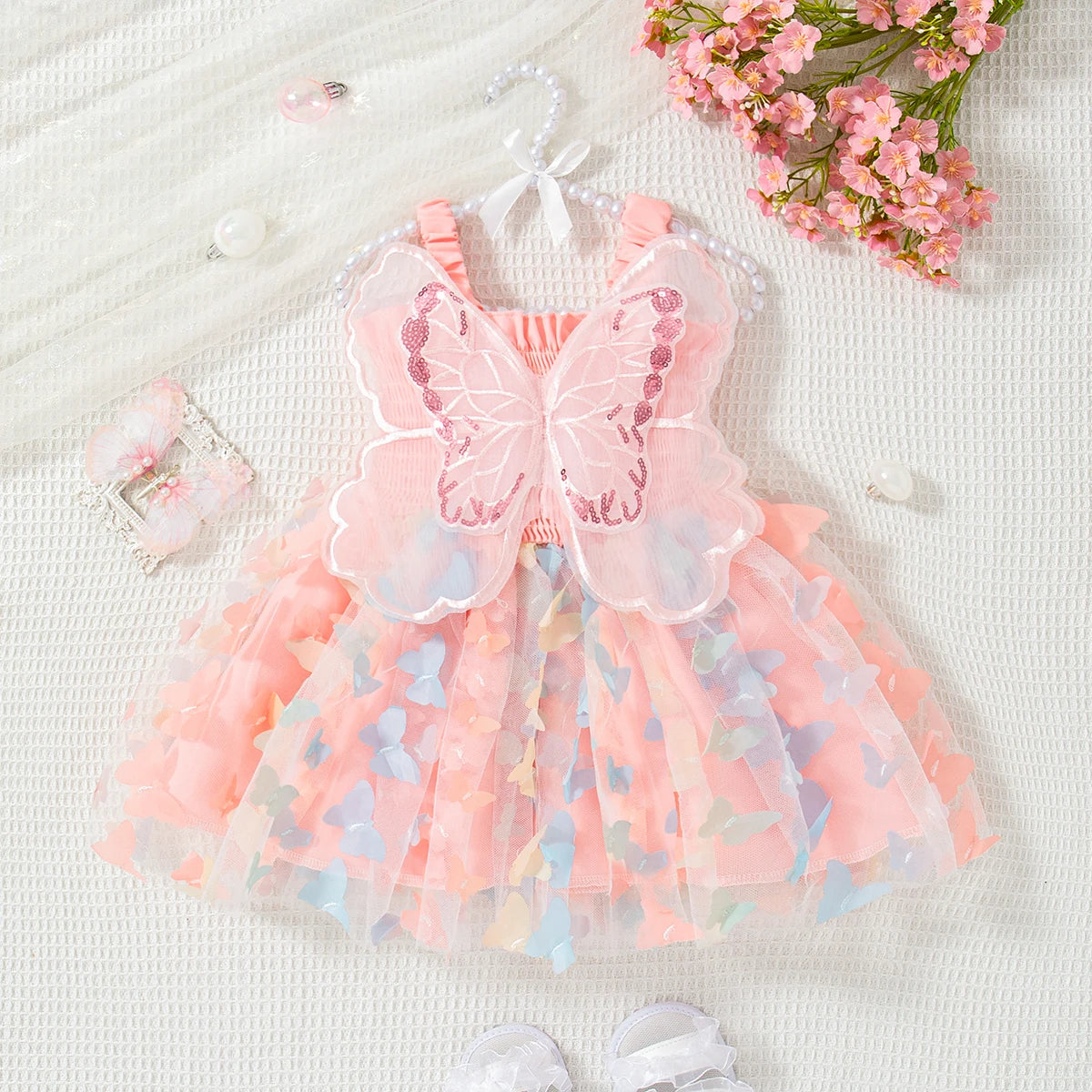 Summer New Baby Girl Suspender Dress Solid Color Butterfly Wing Gauze Dress Children's Birthday Party Dress
