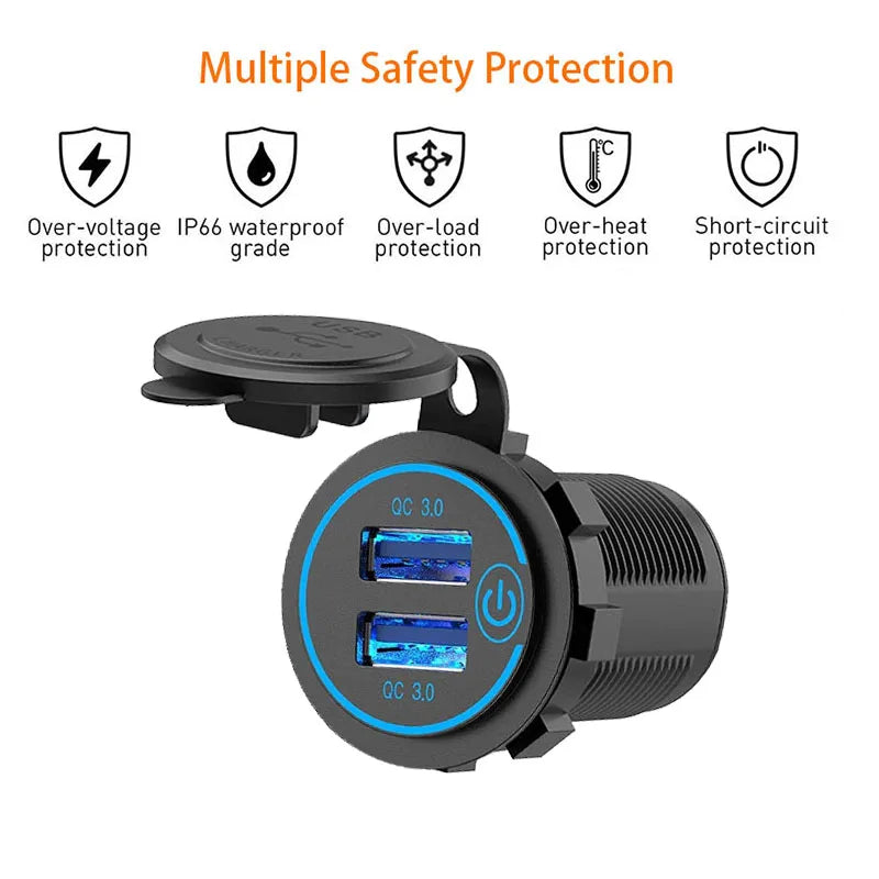 Dual USB Car Charger Waterproof 12V/24V QC3.0 USB Fast Charger Socket Power Outlet with Touch Switch