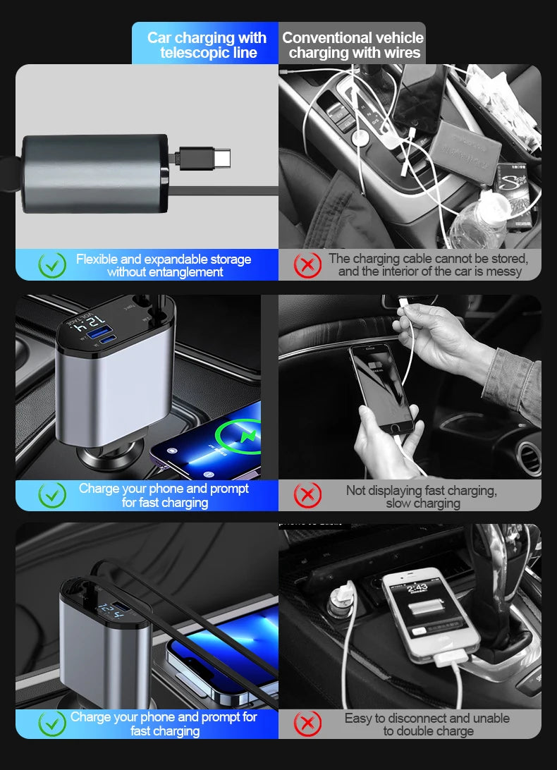 100W Car Charger Car Super Fast Charge Flash Charging, Telescopic Cable Four-in-one Point Smoker Car Charging