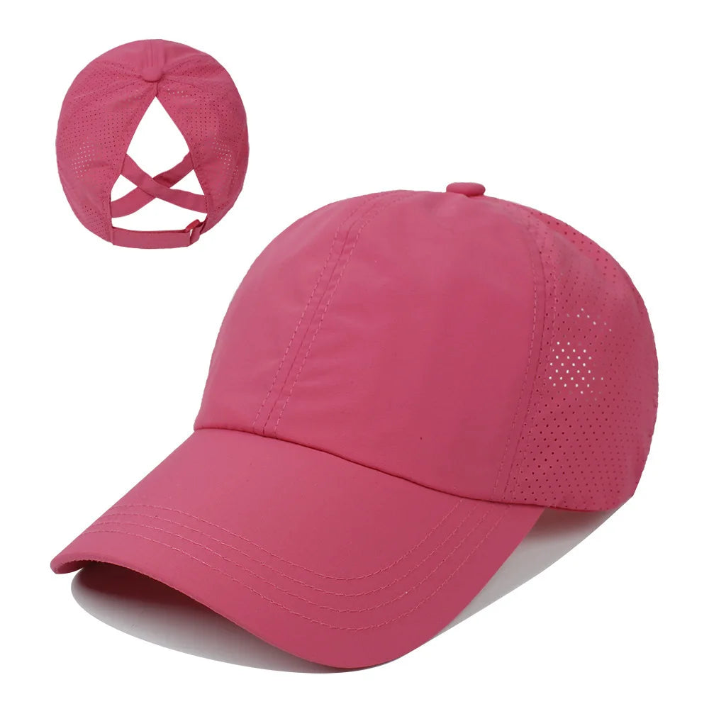 Summer Solid Color Baseball Cap Women's Athleisure Cross Ponytail Hat Mesh Quick-Drying Cap Visor Hat