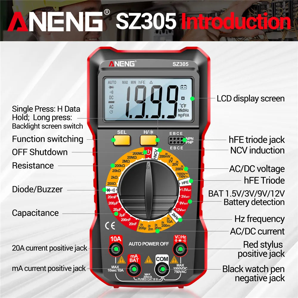 Professional Multimeter Digital Tester ANENG SZ305 AC/DC Voltage Ammeter Capacitor Triode NCV Voltage Induction Electrician Tool