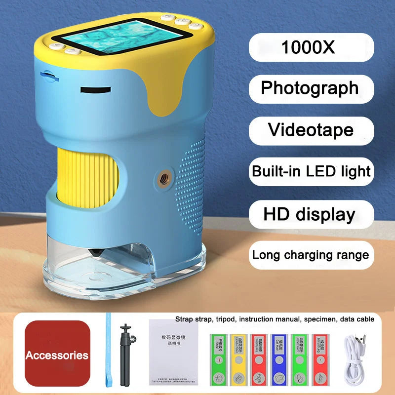 Handheld Digital Microscope For Kids With 2Inch HD Screen Videotape 200-1000X Pocket Microscope Educational Gift For Children