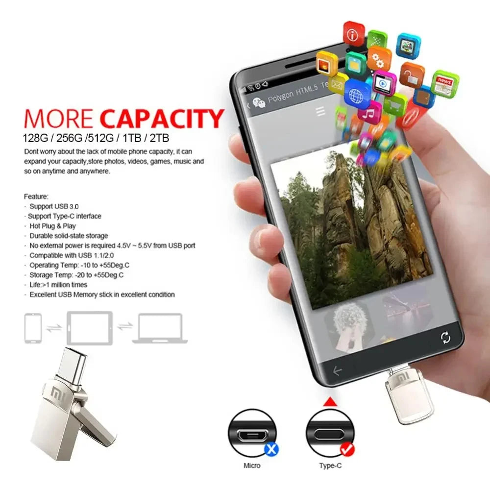 Xiaomi USB 2TB OTG Metal USB 3.0 Pen Drive Key 2TB 1TB Type C High Speed Pendrive Mini Flash Drive Memory Stick Waterproof ps4