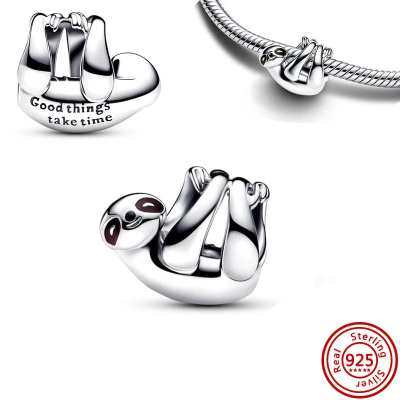 Original 100% 925 Silver Hanging Sloth Climbing Frog Colour Heart School Bead Charms Fit Pantaro Bracelet DIY Jewelry Women Gift