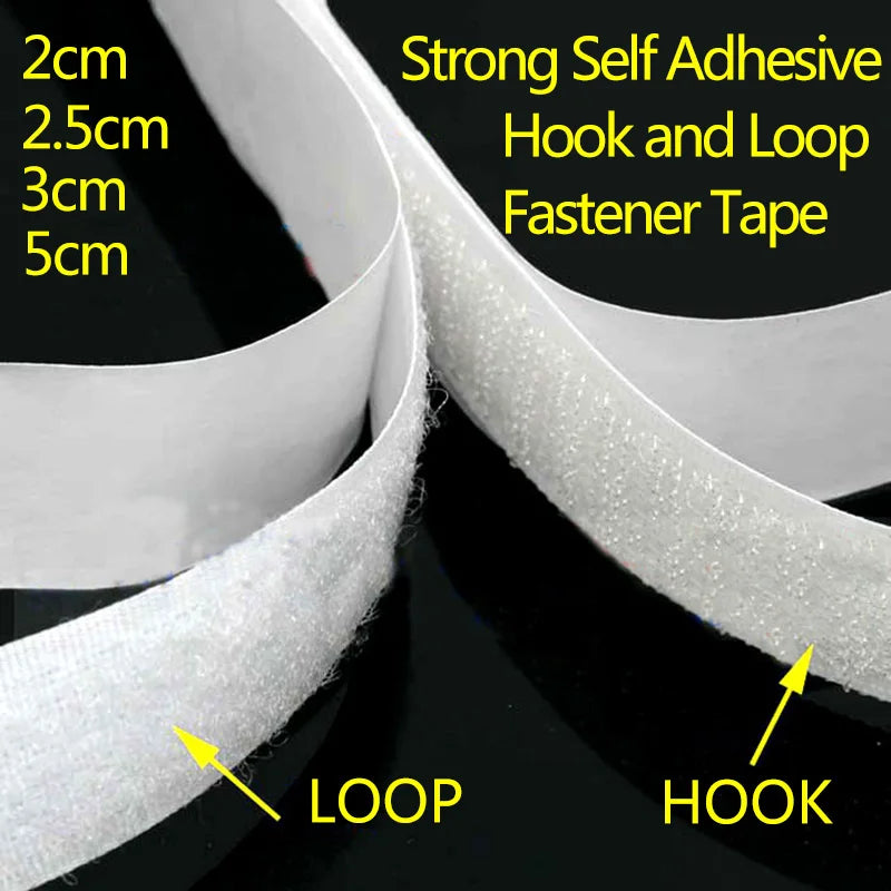 1/2/5M Strong Self Adhesive Fastener Hook and Loop Strips with Glue Double-Side Mounting Tapes for DIY Craft 20-50mm White