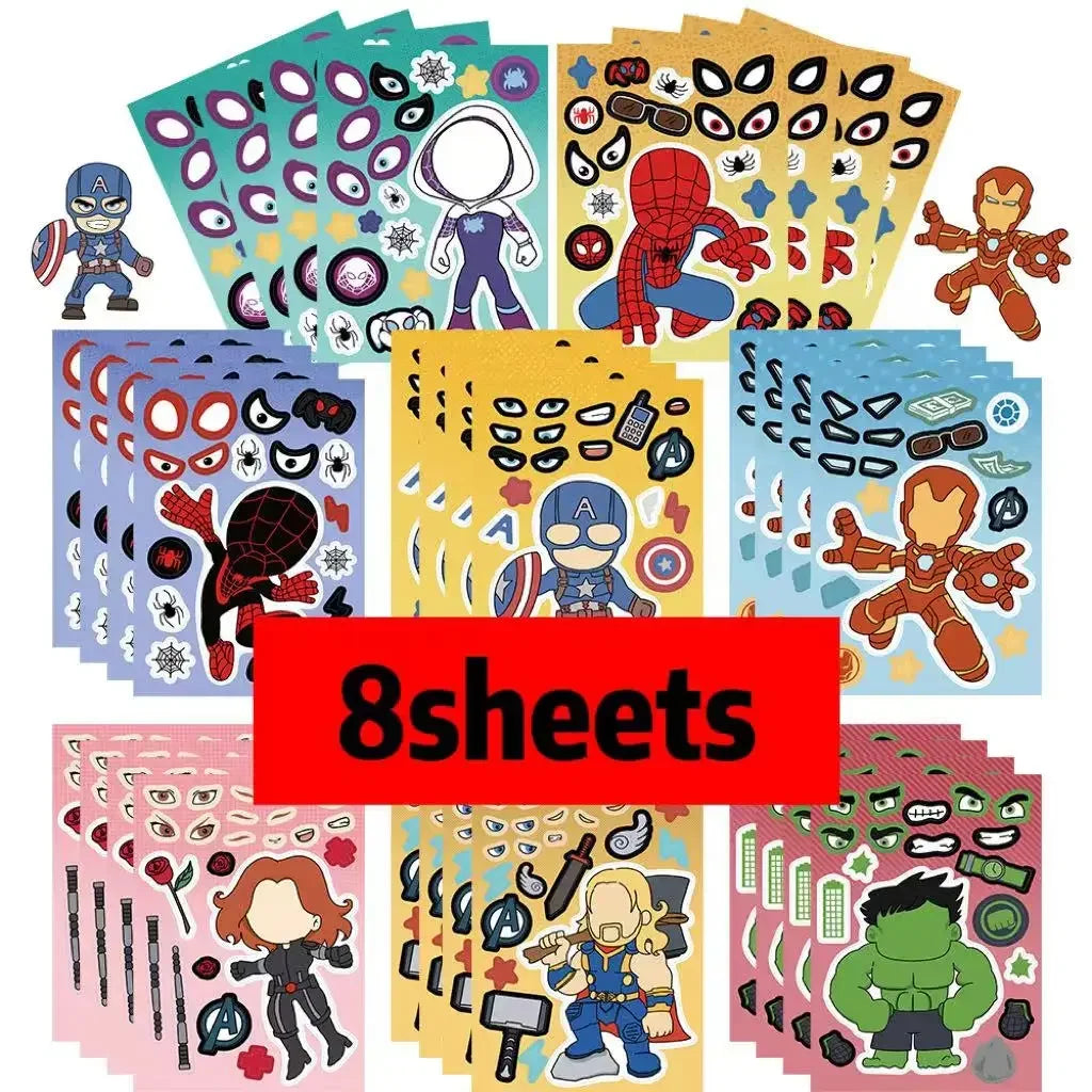 8/16Sheets Disney Marvel Spiderman Iron Man Stickers Make a Face Game Sticker Kids DIY Notebook Children Assemble Jigsaw Toys