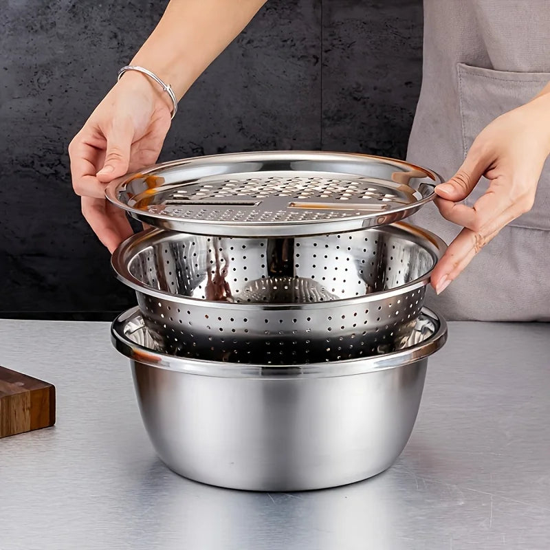 3-Piece Stainless Steel Multifunctional Strainer, and Mixing Bowl for Washing and Slicing Fruits, Vegetables