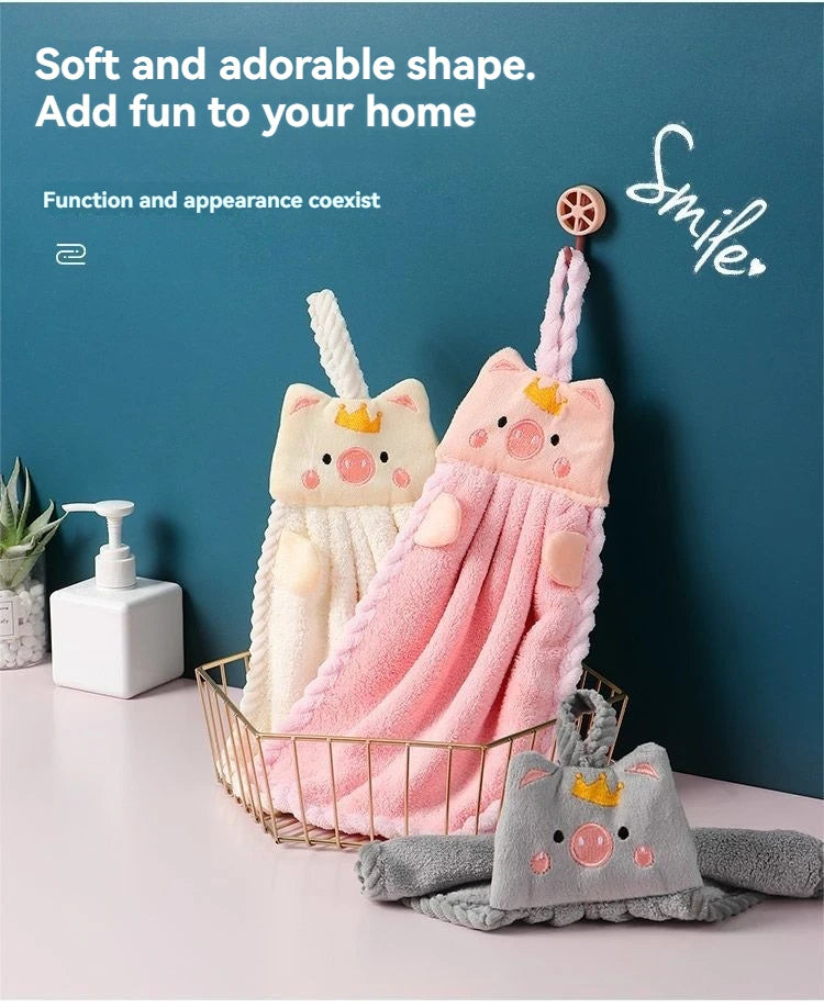 Soft Coral Velvet Hanging Towel with Adorable Piggy Embroidery for Bathroom Kitchen Dishwashing Handkerchief Cloth