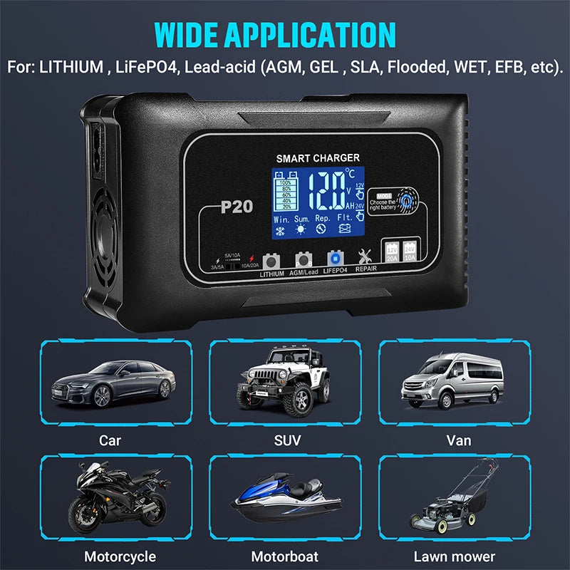 EAFC 10A/15A/20A Car Battery Charger 12V 24V Smart Charger for Lead-Acid PB AGM LiFePO4 Batteri Automatic Motorcycle Charger