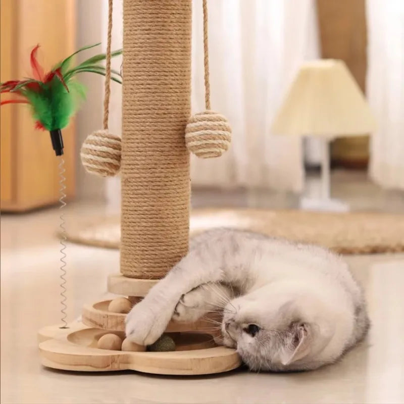 Durable Sisal Cat Scratcher Turntable with Funny Stick Balls Solid Wood Cat Toy Scratching Board Pet Supplies Climbing Frame