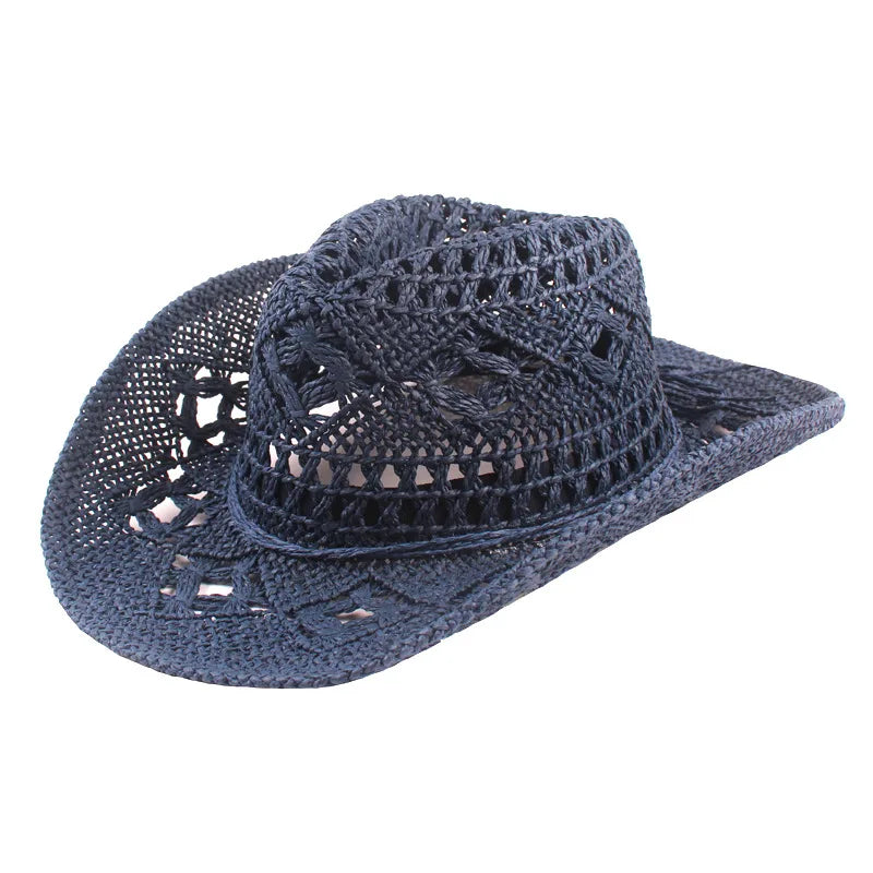New Fashion Hollowed Handmade Cowboy Straw Hat Round Collapsible Western Cowboy Beach Hat Photo Props Western Sunshade Cap