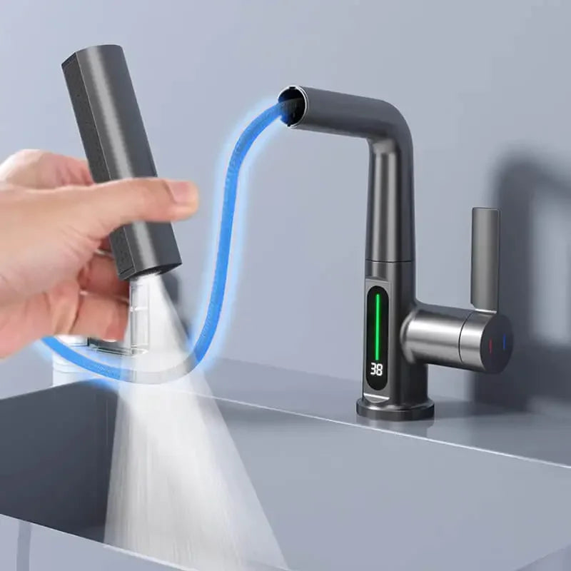Temperature Digital Display Basin Faucet For Bathroom Pull Out Waterfall Stream 3 Way Sprayer Hot Cold Water Sink Mixer Wash Tap