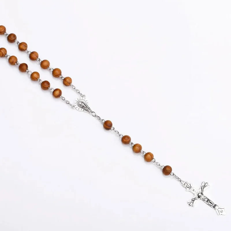 8MM Wood Rosary Beads Necklace For Women Men Catholic Jesus Christ On INRI Cross Crucifix Pendant Long Chain Religious Jewelry