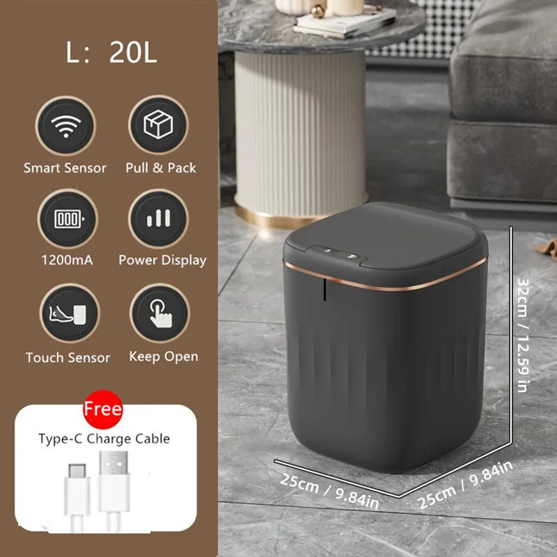 20/22L Large Rechargable Smart Trash Can With Lid Garbage Bin For Kitchen Bedroom Living Room Rubbish Container Touchless