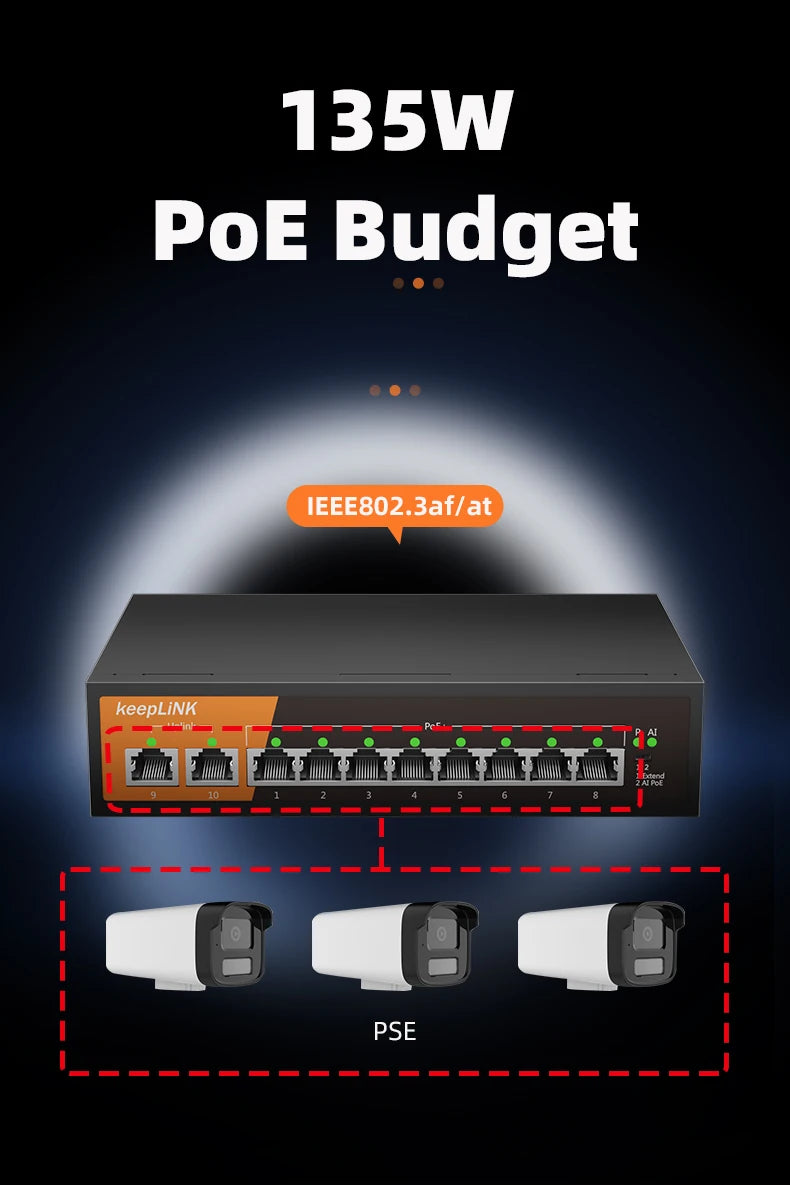 KeepLiNK 10-Port Gigabit Switch with 8-PoE and 2-RJ45 for Uplink Unmanaged Plug and Play